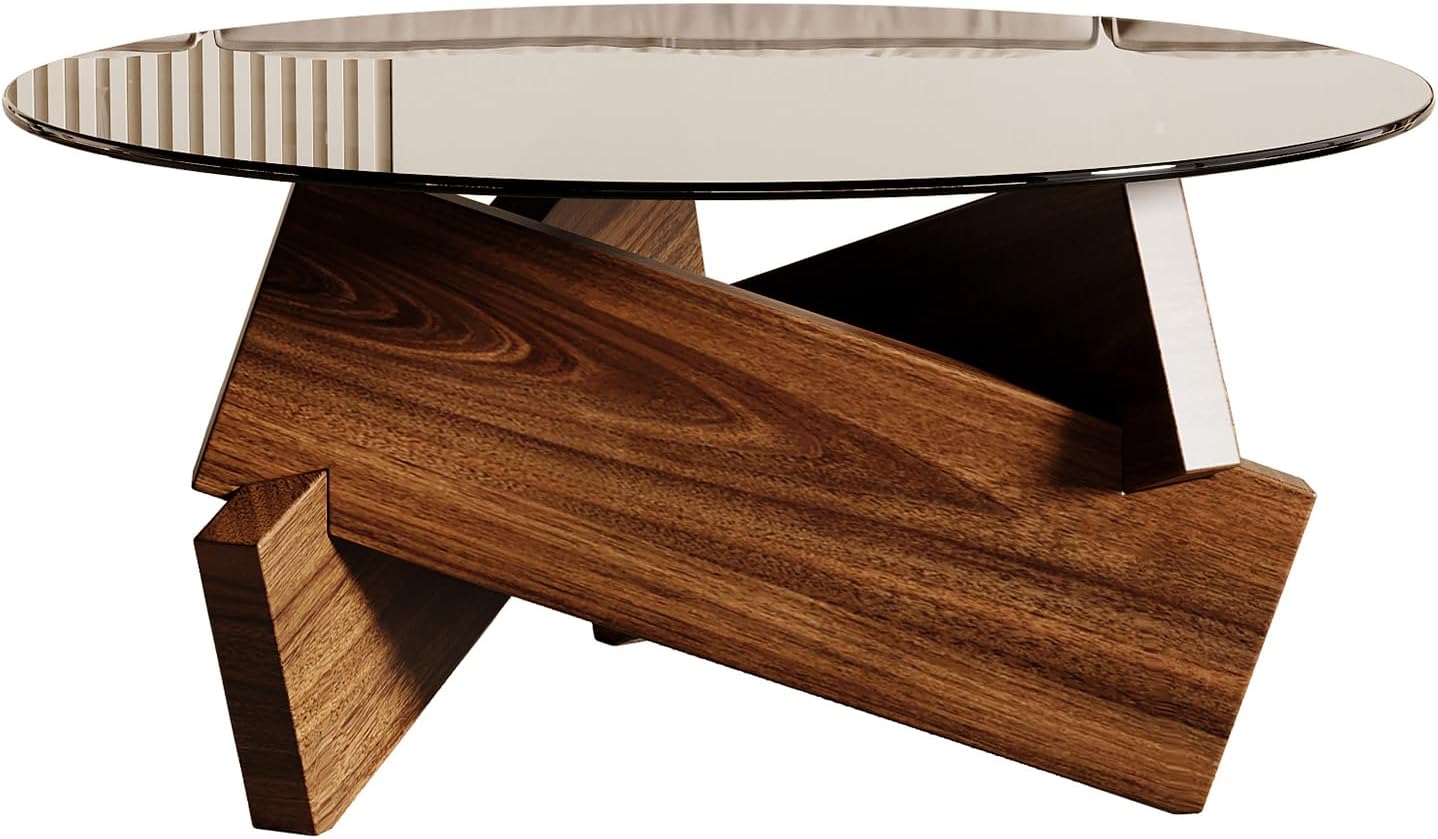 Honyee Morden Rounded Coffee Table, 30.7" x 30.7" x 16.1" Tempered Glass Top for Living Room, Color: Walnut