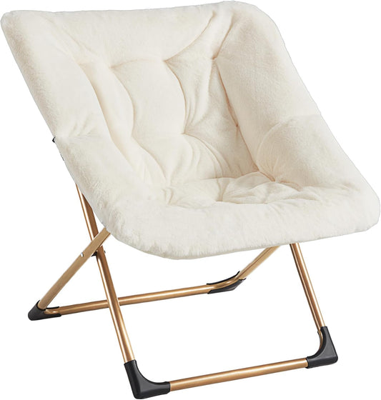Comfy Oversized Saucer Chair, Soft Faux Fur Reading Lounge Chair for Adults, Stable X-Large Metal Frame and Non-Slip Pad, Foldable Cozy Chairs for Bedroom, Living Room, Dorm, Office, Beige