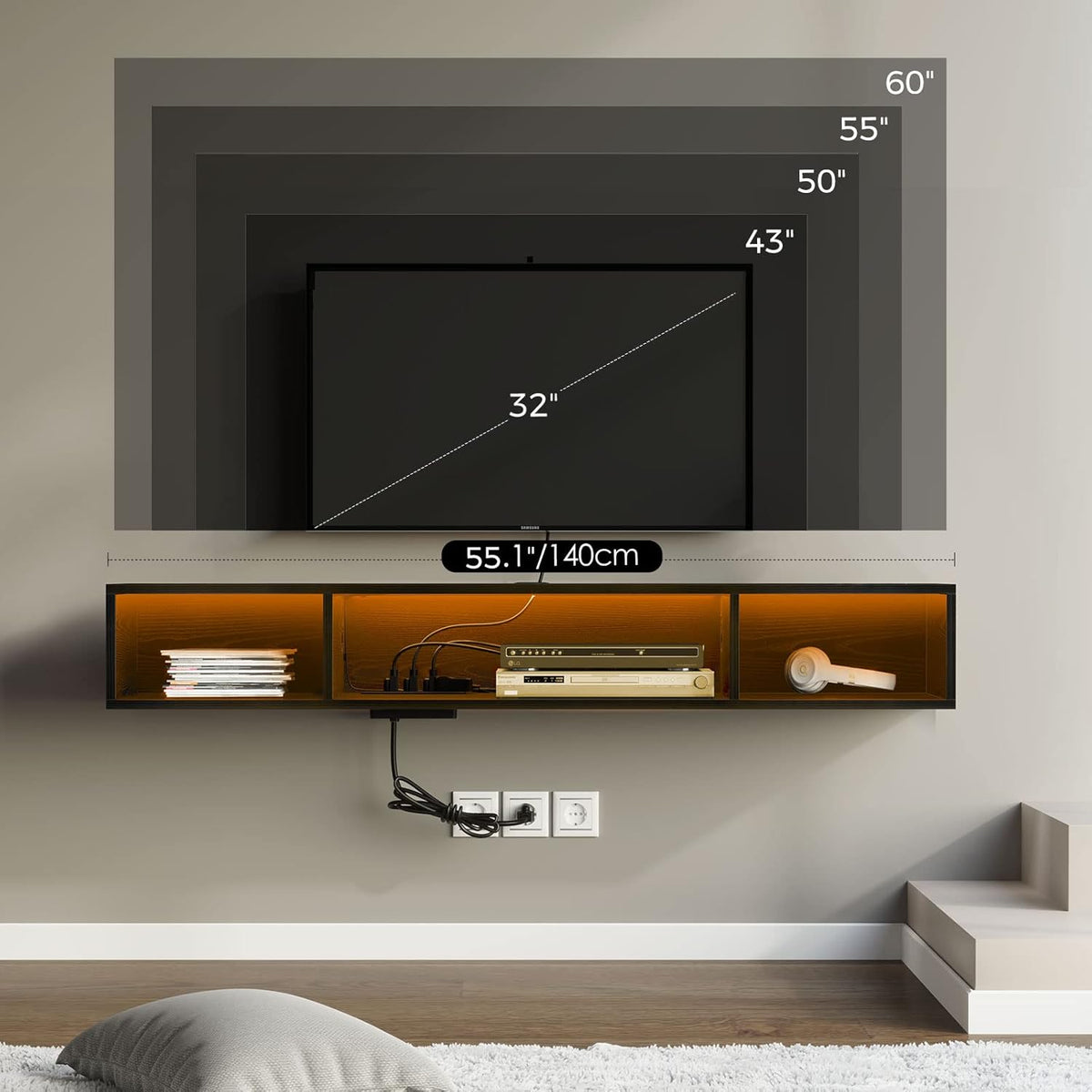 Rolanstar TV Stand with Power Outlet, Floating TV Stand with RGB Lights, 55.1" Wall Mounted TV Shelf, Black Media Console with Storage Shelf, Entertainment Under TV for Living Room, Bedroom