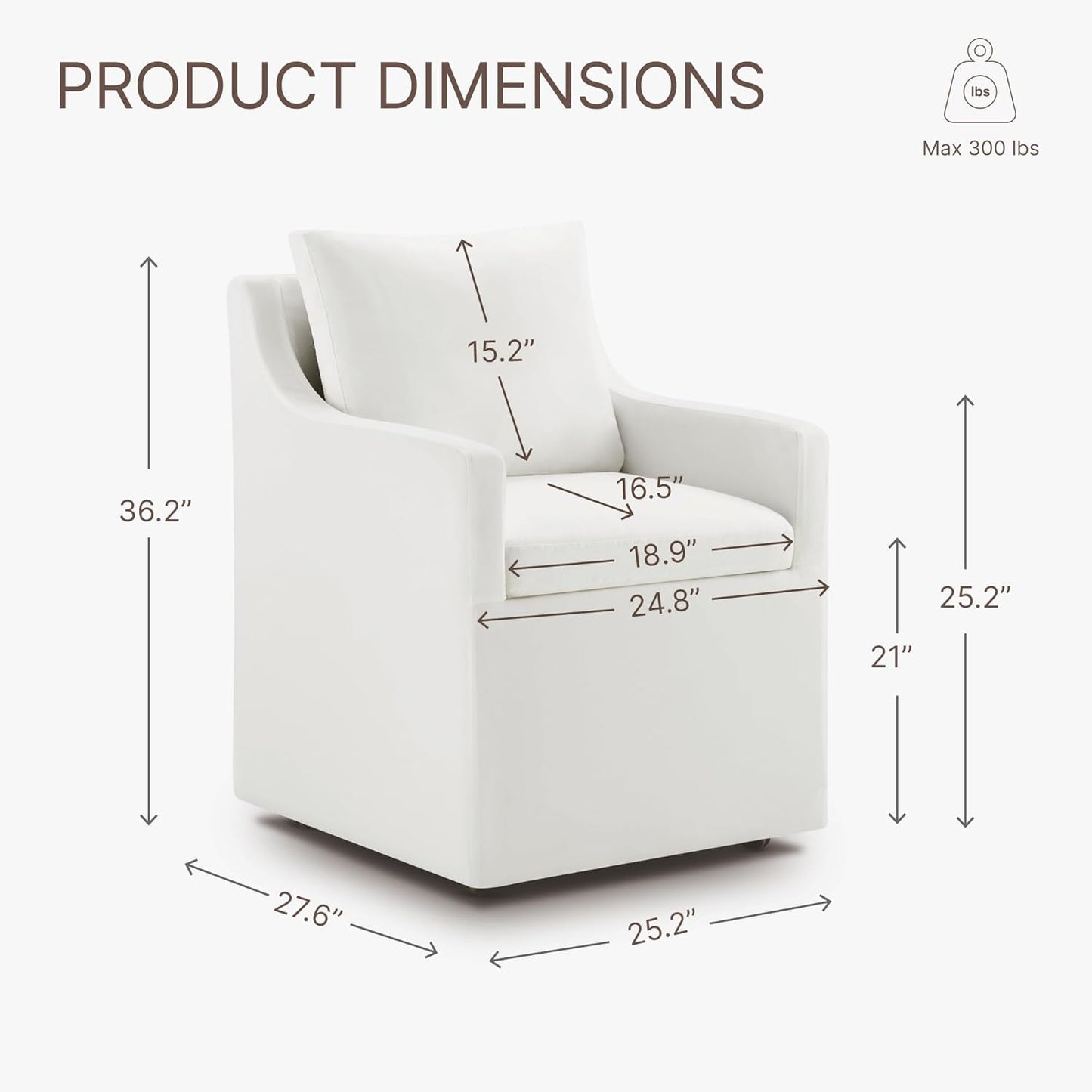 Upholstered Dining Chairs with Casters Washable Cover Side Deskchair with Rollers for Diningroom, Living Room, Cream, 1 Box