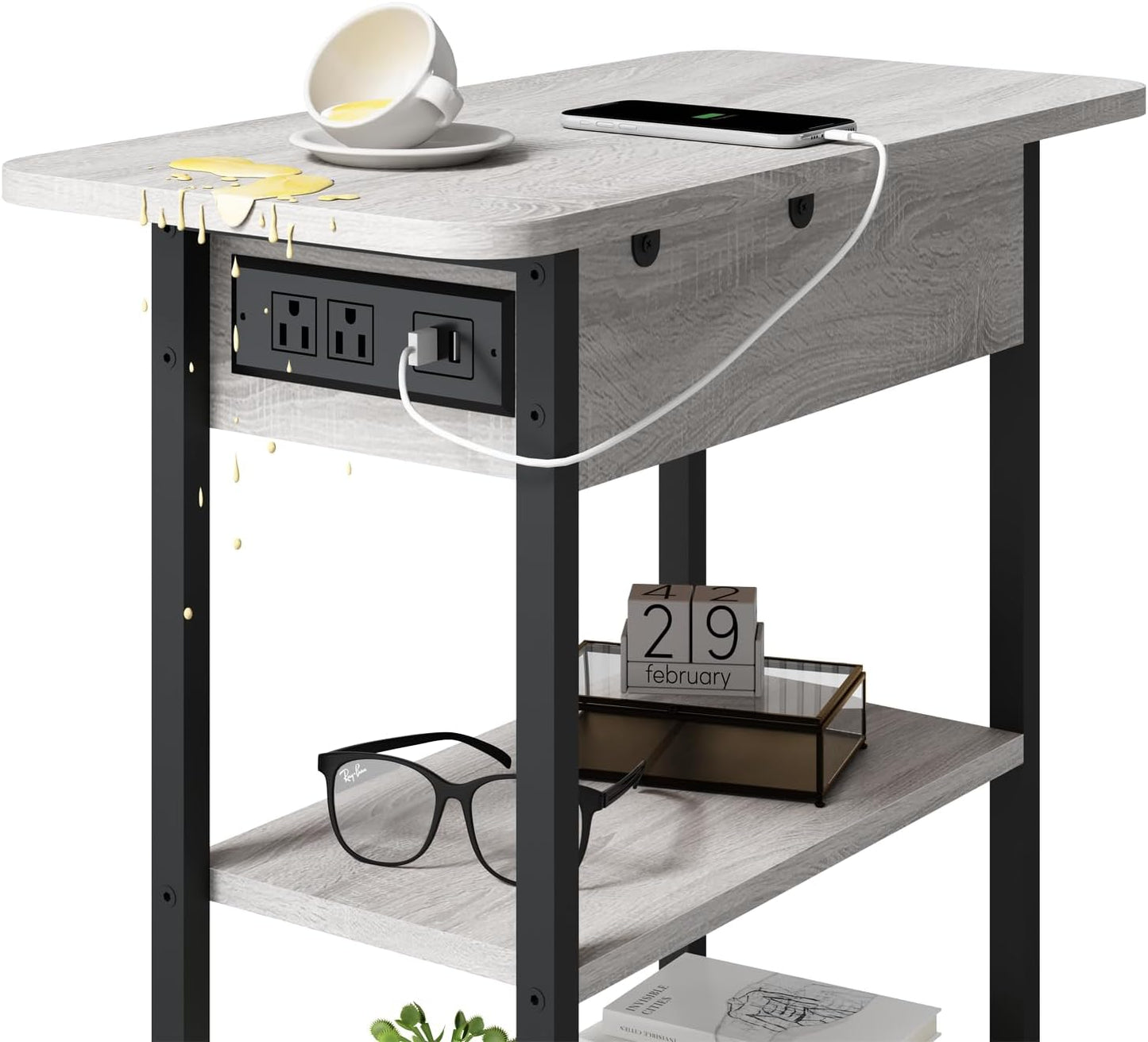 LIDYUK End Table with Charging Station, Set of 2 Flip Top Narrow Side Table for Small Spaces, Nightstands Set of 2 for Bedroom, End Tables Living Room with Storage Shelves, Light Grey