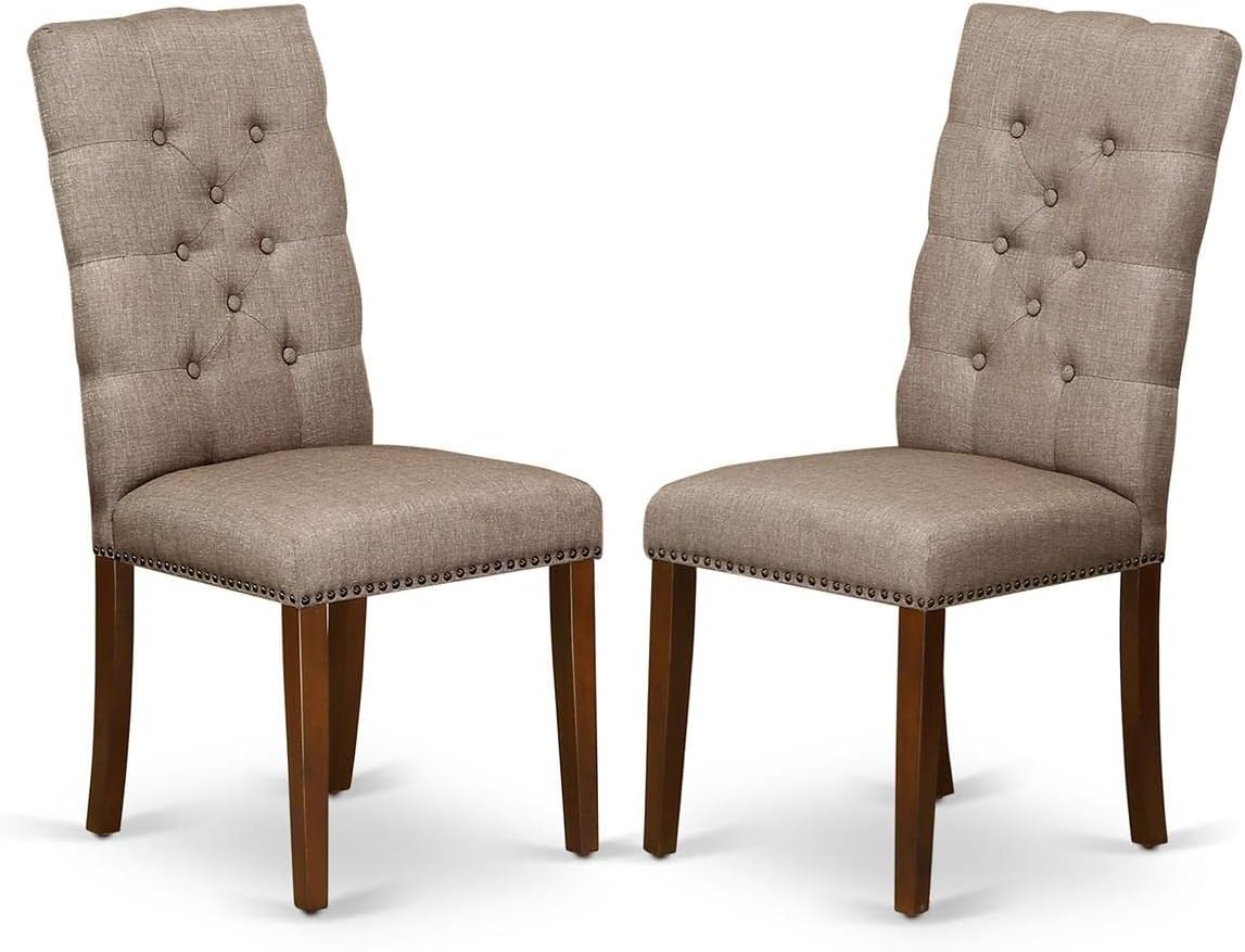 East West Furniture OXEL3-MAH-16 3 Piece Dining Set Contains a Square Dining Room Table and 2 Dark Khaki Linen Fabric Upholstered Parson Chairs, 36x36 Inch, Mahogany