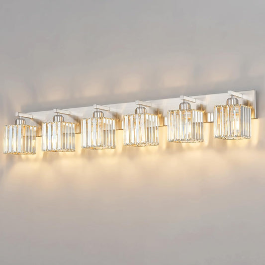Modern Vanity Light 6-Lights Brushed Nickel Vanity Light Crystal Bathroom Wall Light Bathroom Light Fixtures