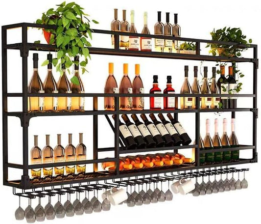 Metal Wall-Mounted Wine Rack with LED Light - 3 Tier Wine Storage Display Rack with Glass Holder - Space-Saving Bottle Display Shelf for Home Bars, Dining Rooms(Black, 79in/200cm)