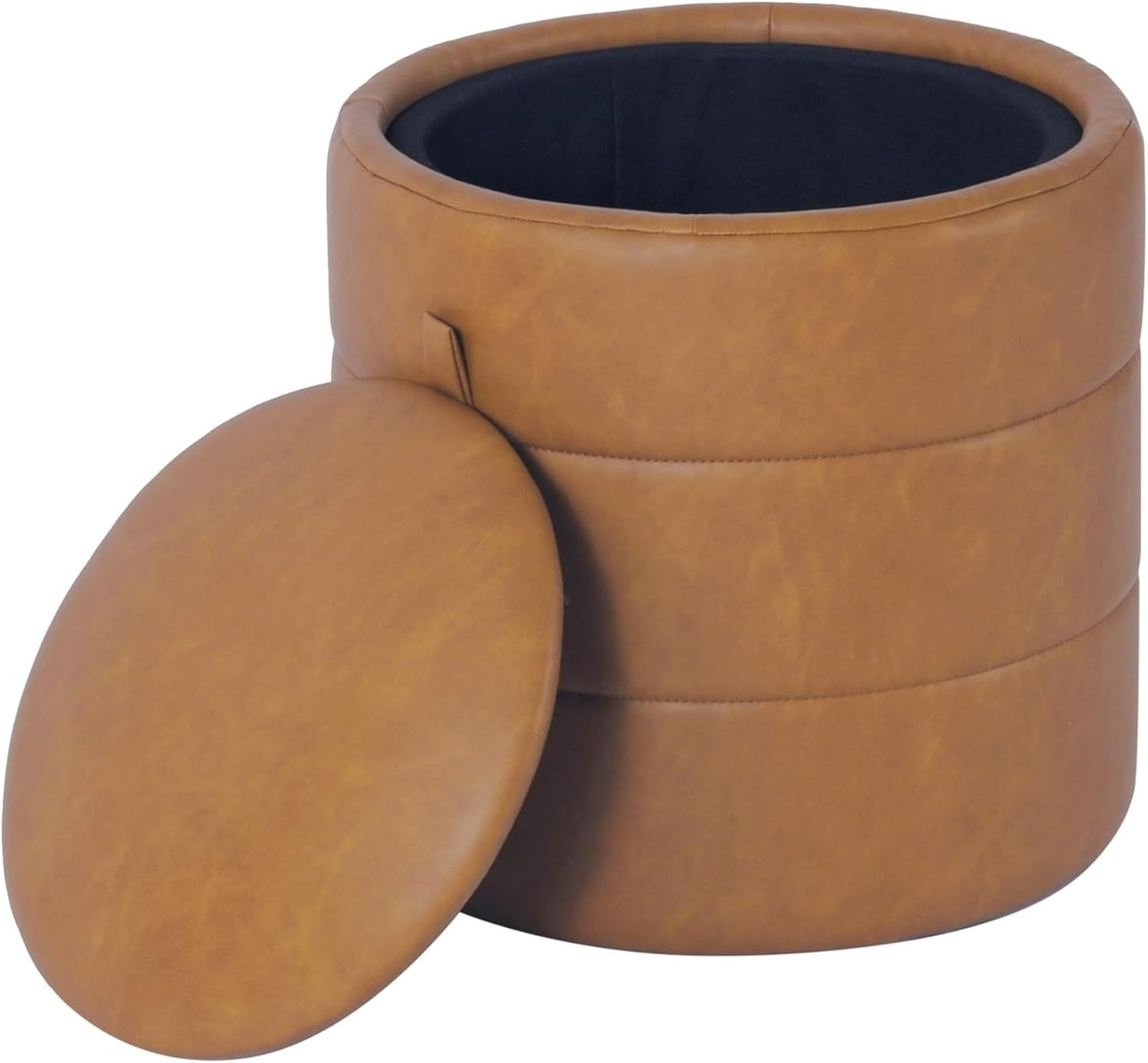 HomePop Storage Round Ottoman with Removable Lid Home Décor|Upholstered Round Velvet Foot Rest Ottoman - Carmel Faux Leather