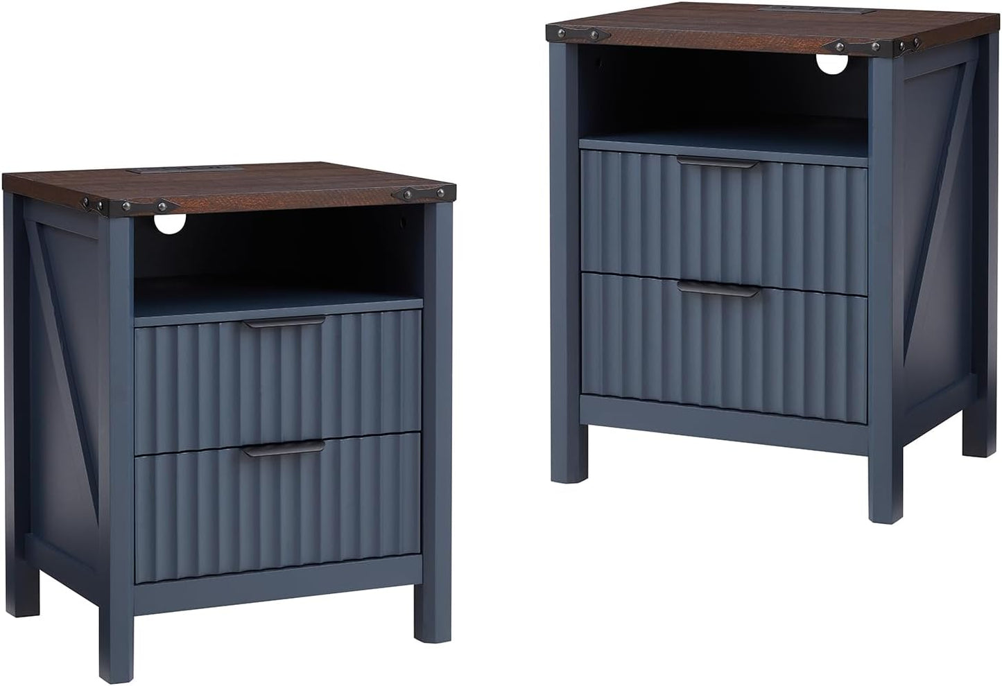 Navy Blue Nightstand with Charging Station Set of 2-20 Inch Wide Farmhouse Fluted Bedside Table with 2 Drawers, Modern Wood End Side Table for Bedroom Study Storage Home