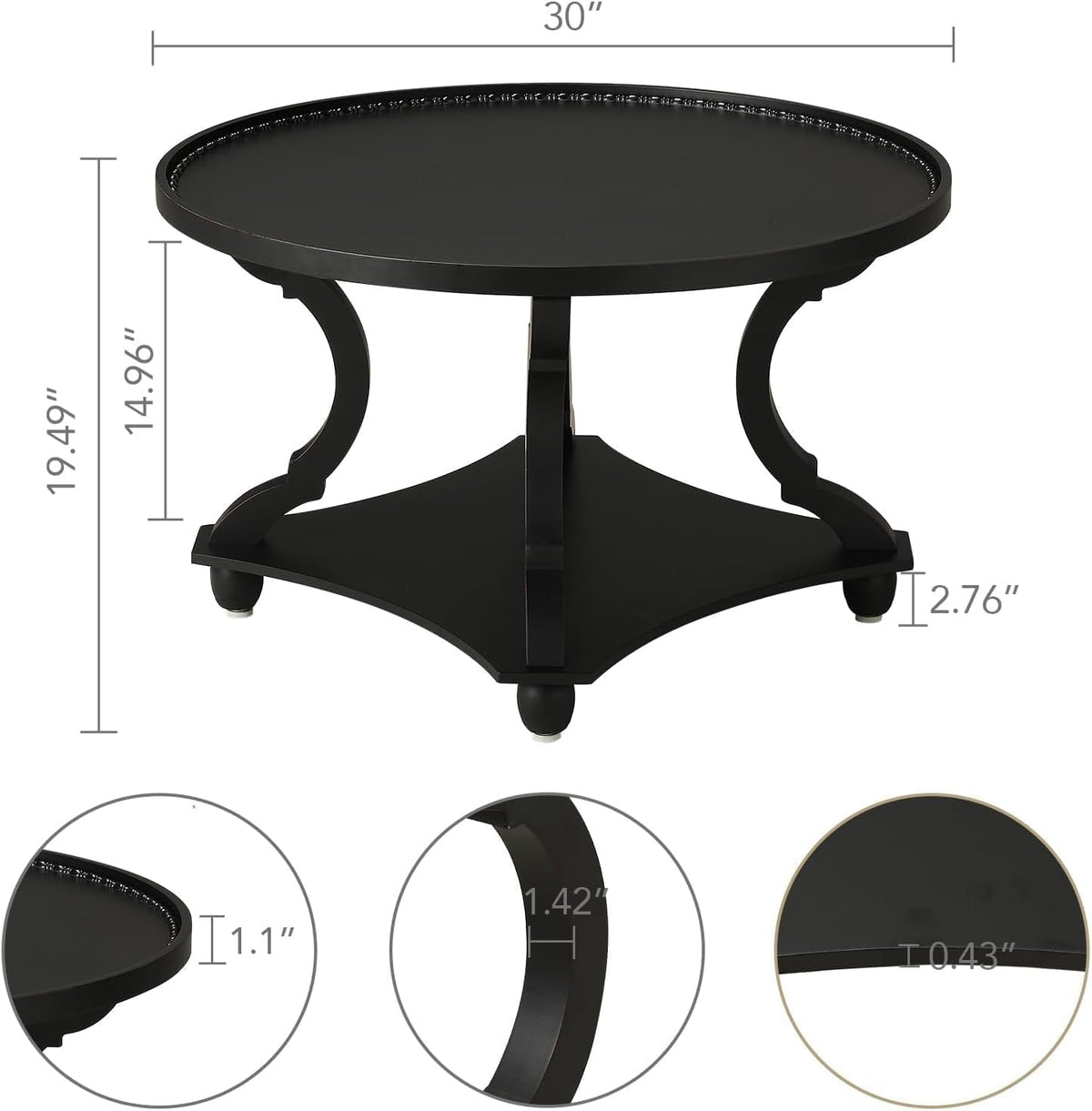 Wnutrees Farmhouse Round Coffee Table, Wood Tray Top Circle Coffee Table with Storage Shelf Rustic Style for Living Room and Vintage Finish, Black