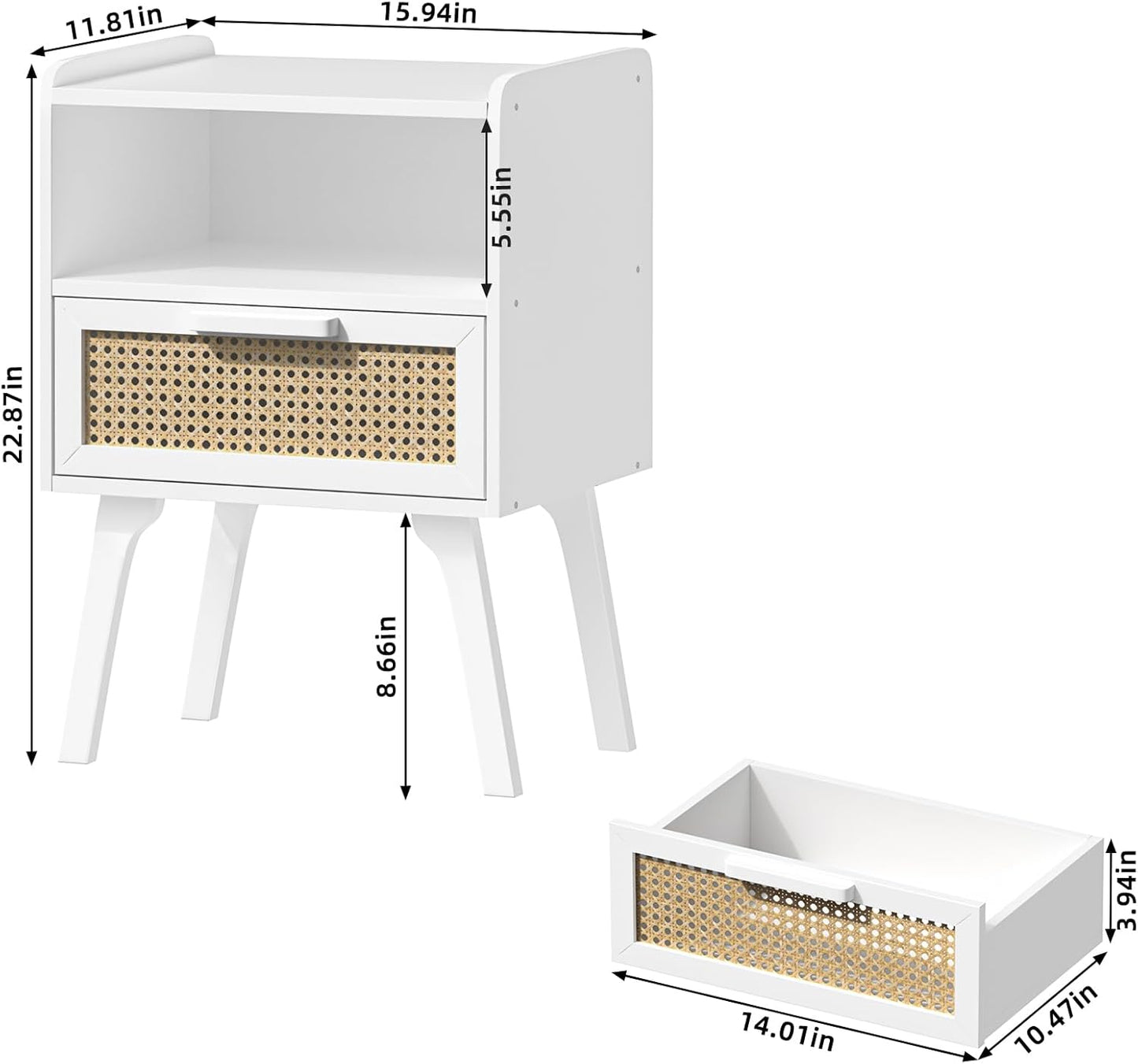 Lerliuo Rattan Nightstands Set of 2, Bedside Table with Drawer Open Shelf, Cane Accent Side End Table with Solid Wood Legs, White Mid Century Night Stand for Bedroom, Dorm and Small Spaces