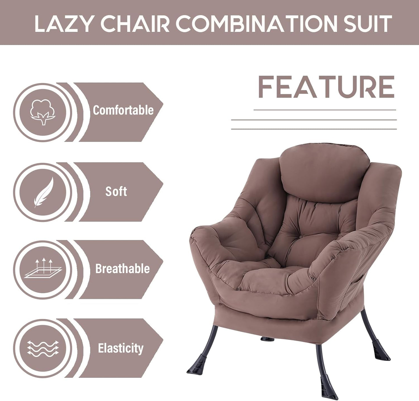 LITA Lazy Chair with Ottoman, Modern Accent Leisure Upholstered Sofa, Contemporary Lounge Reading Chair with Armrests and a Side Pocket for Living Room, Bedroom & Small Space, Single Dark Brown