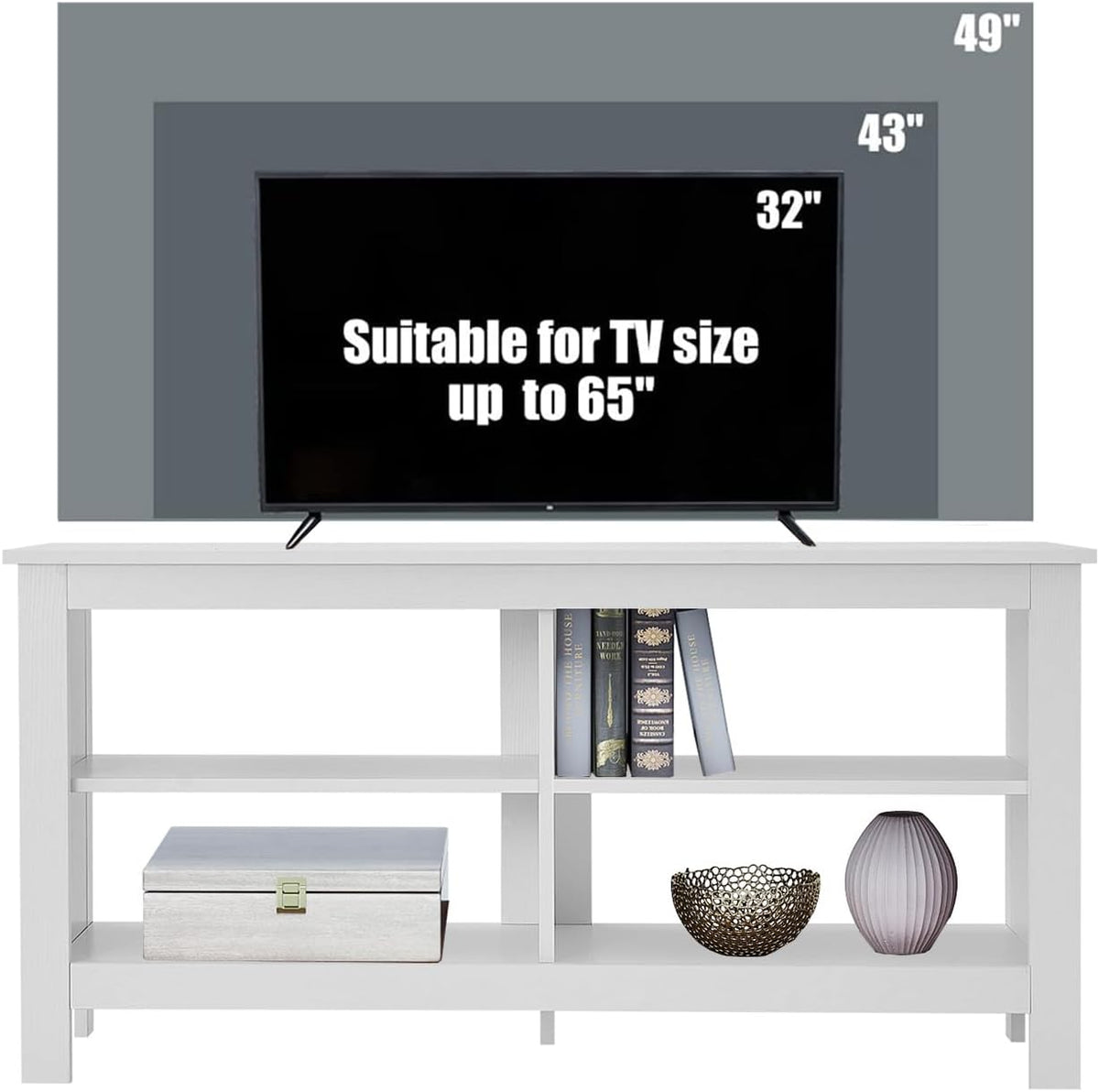 43 Inches TV Stand,Mid Century Modern Entertainment Center with 4 Open Shelves Farmhouse TV Media Console Table for Living Room,Bedroom,Television Stand up to 50 Inches(White)