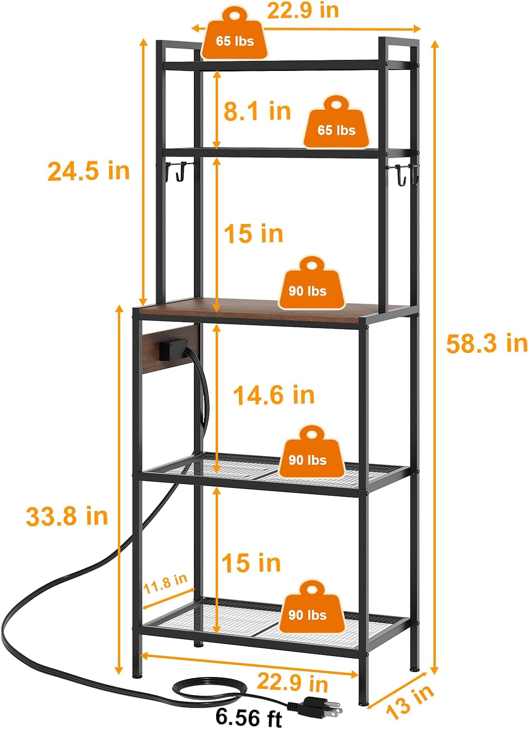 S1 Kitchen Bakers Rack with Power Outlet, Microwave Stand with Storage 5-Tiers, Freestanding Coffee Bar Table with 4 Hooks, Kitchen Storage Shelf 13" D x 22.9" W x 58.3" H, Rustic Brown
