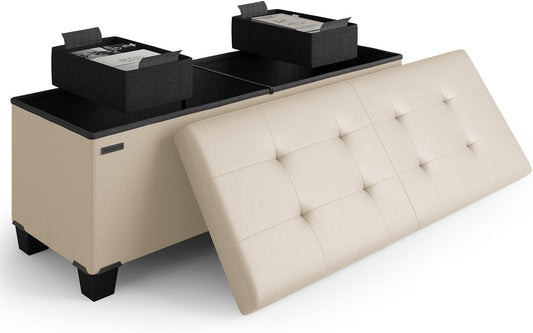 STORAGEBUD Storage Ottoman Bench with Bins, 43-in Storage Bench for Bedroom End of Bed, Folding Foot Rest Ottoman for Living Room Max 660lbs, Faux Leather Ottomans, Beige