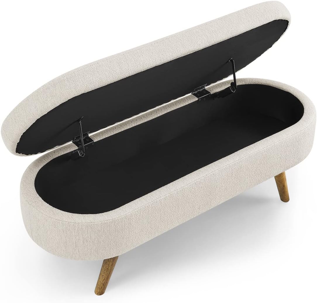 Oval Storage Bench 43.5" Linen Fabric Upholstered Entryway Bench with Solid Wood Legs Ottoman Bench Indoor Bench for Living Room/Bedroom/End of Bed/Entryway (Beige)
