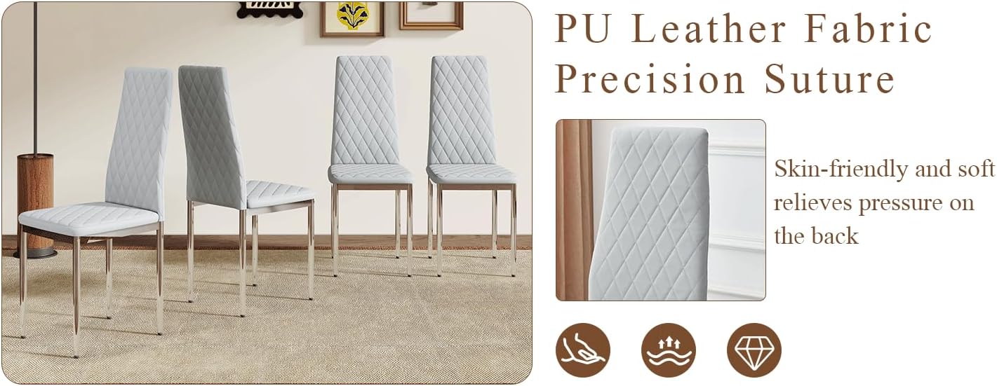 JT Modern Minimalist Dining Chair Fireproof Leather Sprayed Metal Pipe Diamond Grid Pattern Restaurant Home Conference Chair Set of 4 Or 6 (4, Gray Brown)
