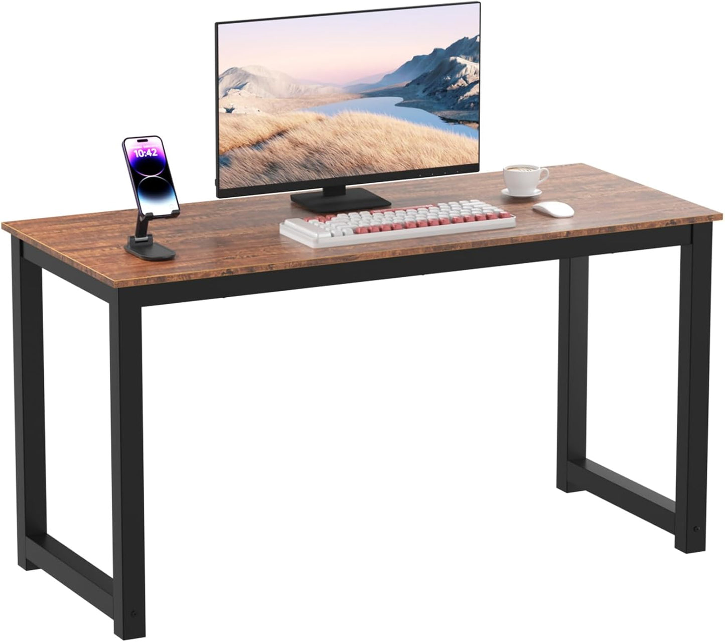 Decoholic 55 Inch Computer Desk, Home & Office PC Laptop Study Writing Table Workstation with Leg Bars, Modern Simple Industrial Style, Rustic Brown