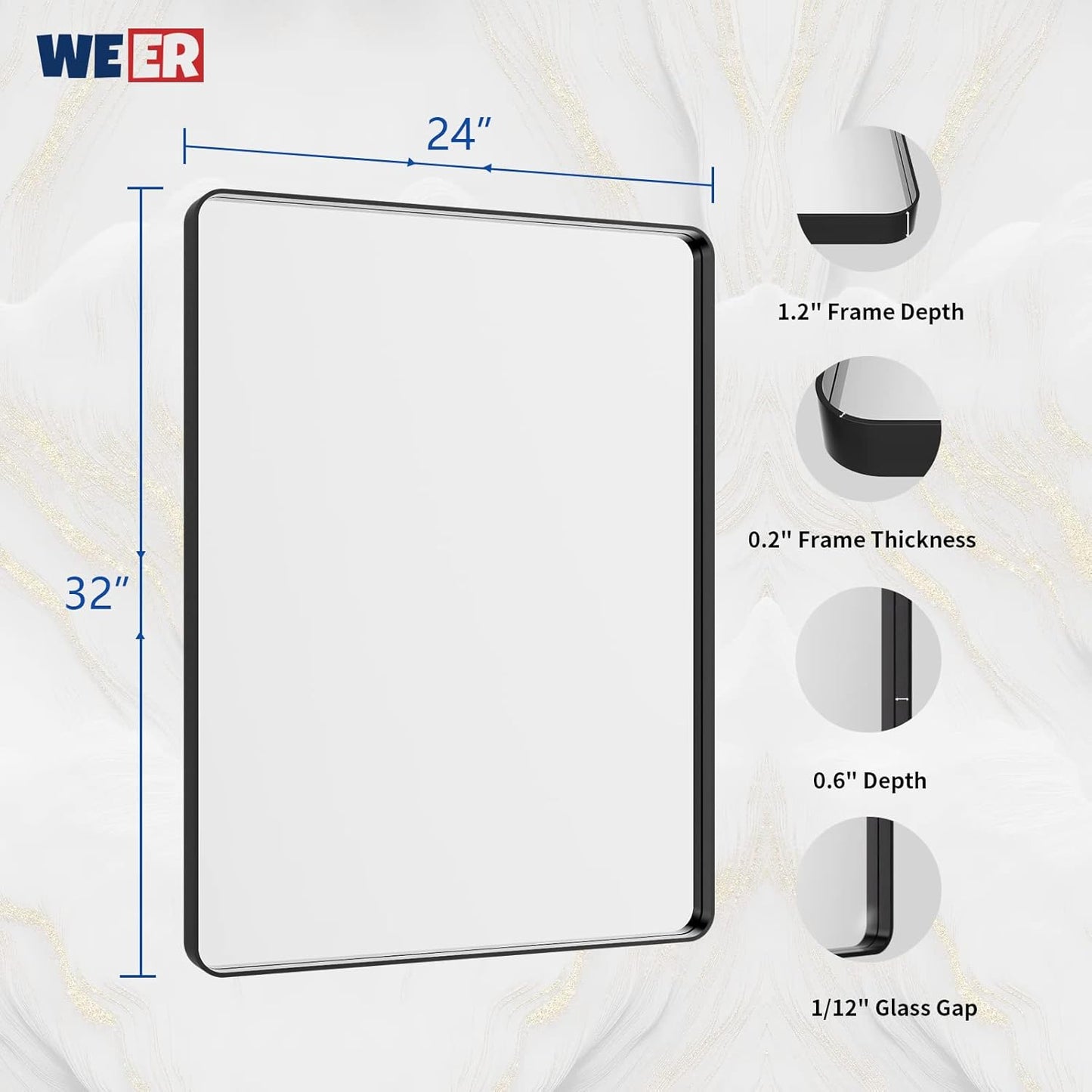 WEER Black Bathroom Mirror 24X32 Inch, Rectangular Black Metal Frame Mirror, Matte Black Bathroom Vanity Mirror with Tempered Glass, Rounded Corner, Anti-Rust (Horizontal/Vertical)