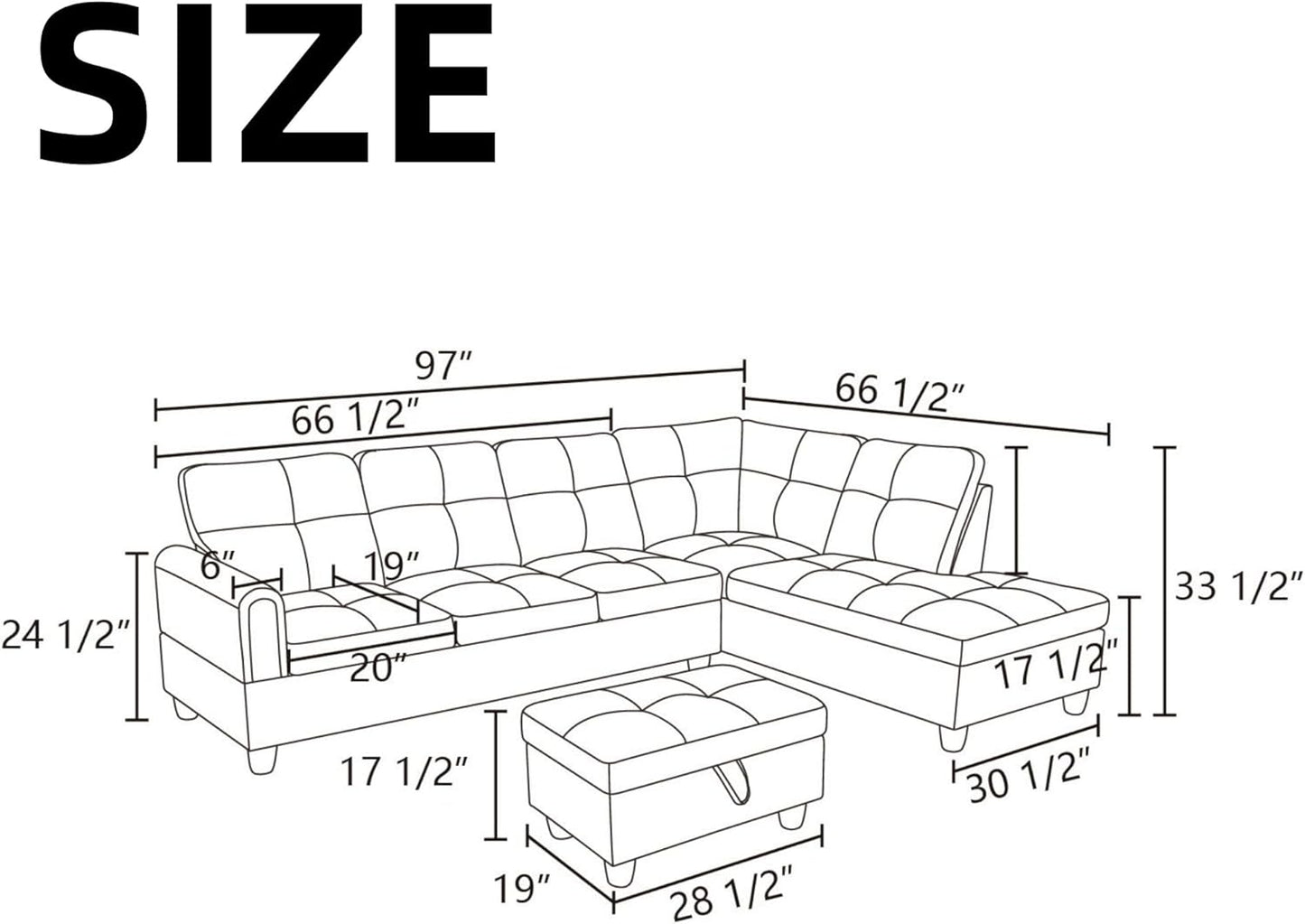 NAYSAYE Sectional Couch with Ottoman Storage, L Shaped Couch Sofa Furniture Sets, Modern Comfy Modular Comfy Sofa for Living Room Bedroom, Office and Apartment, Grey