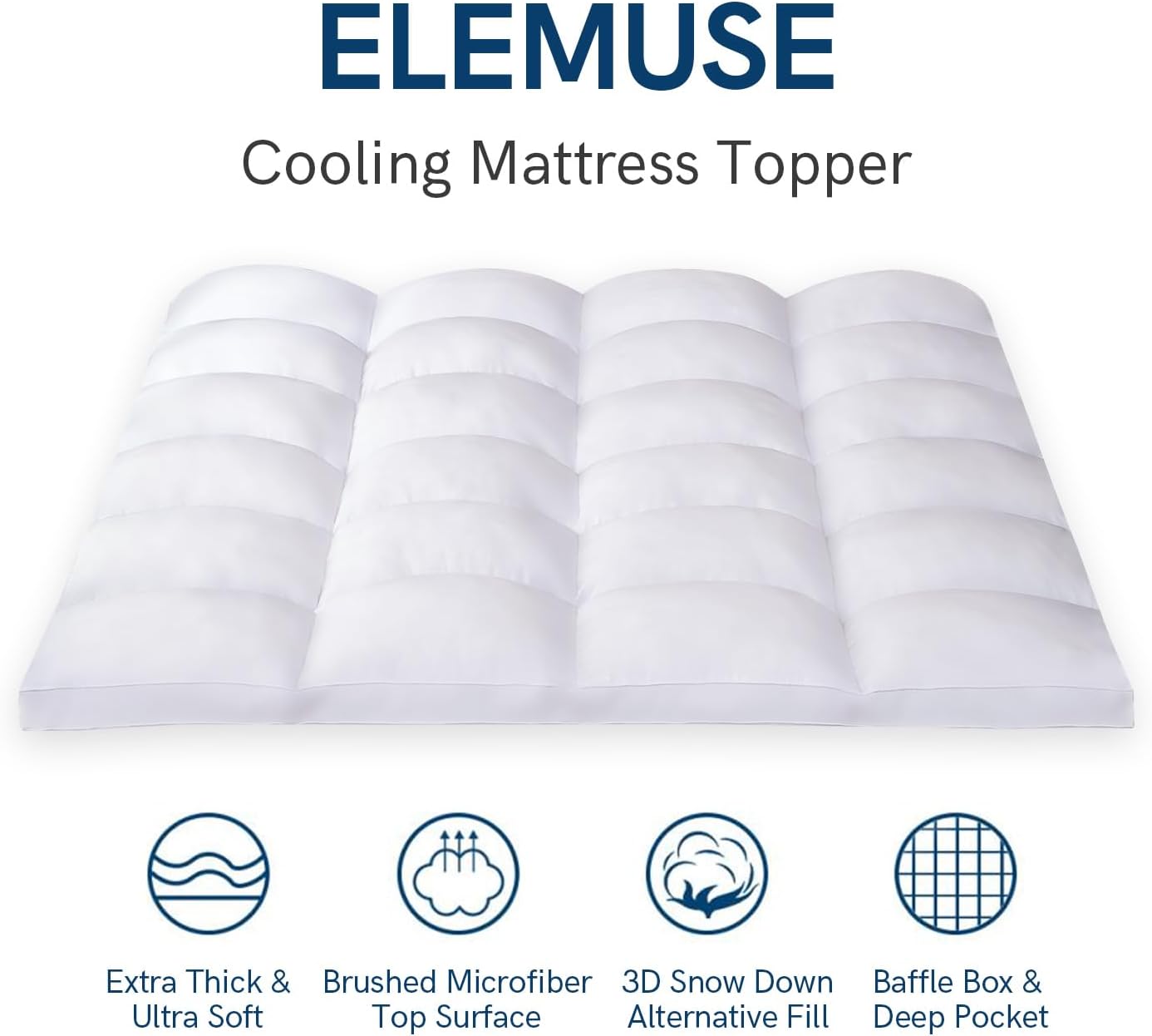 ELEMUSE Queen Mattress Topper for Back Pain, Extra Thick Mattress Pad Cover, Plush Soft Pillowtop with Elastic Deep Pocket, Overfilled Down Alternative Filling