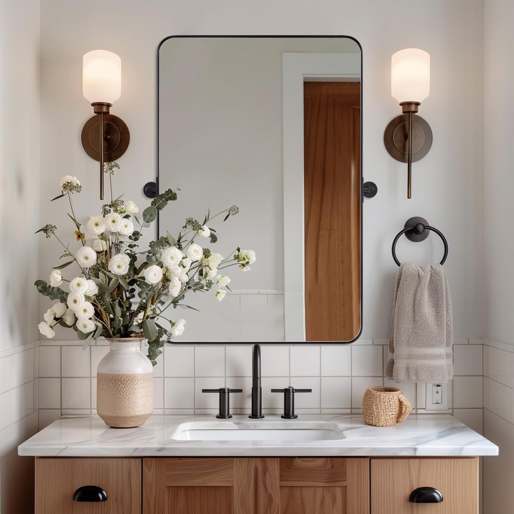 MOON MIRROR Matte Black Pivot Mirror Bathroom, Tilt Rounded Rectangular Bathroom Vanity, Overall 24.33x30 in (Mirror 20x30 in)