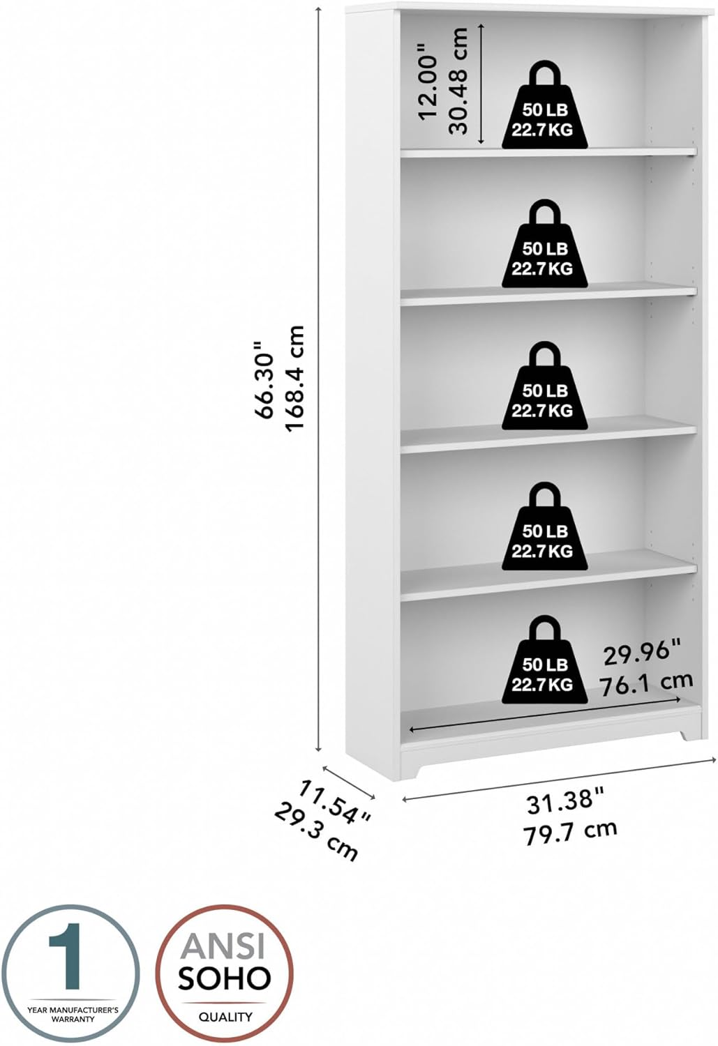 Bush Furniture Tall 5 Shelf Bookcase, Large Open Bookshelf, Sturdy Display Cabinet for Living Room or Home Office, Cabot Collection, White