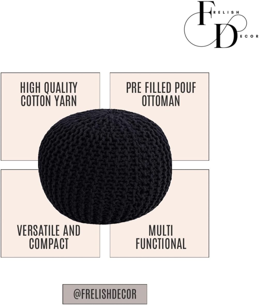 FRELISH DECOR Round Pouf Ottoman Hand Knitted 100% Cotton Pouf Foot Stool - Knitted Bean Bag - Floor Chair for Living Room Bedroom - Foot Rest for Couch (20 Diameter x 14 Height) - Black