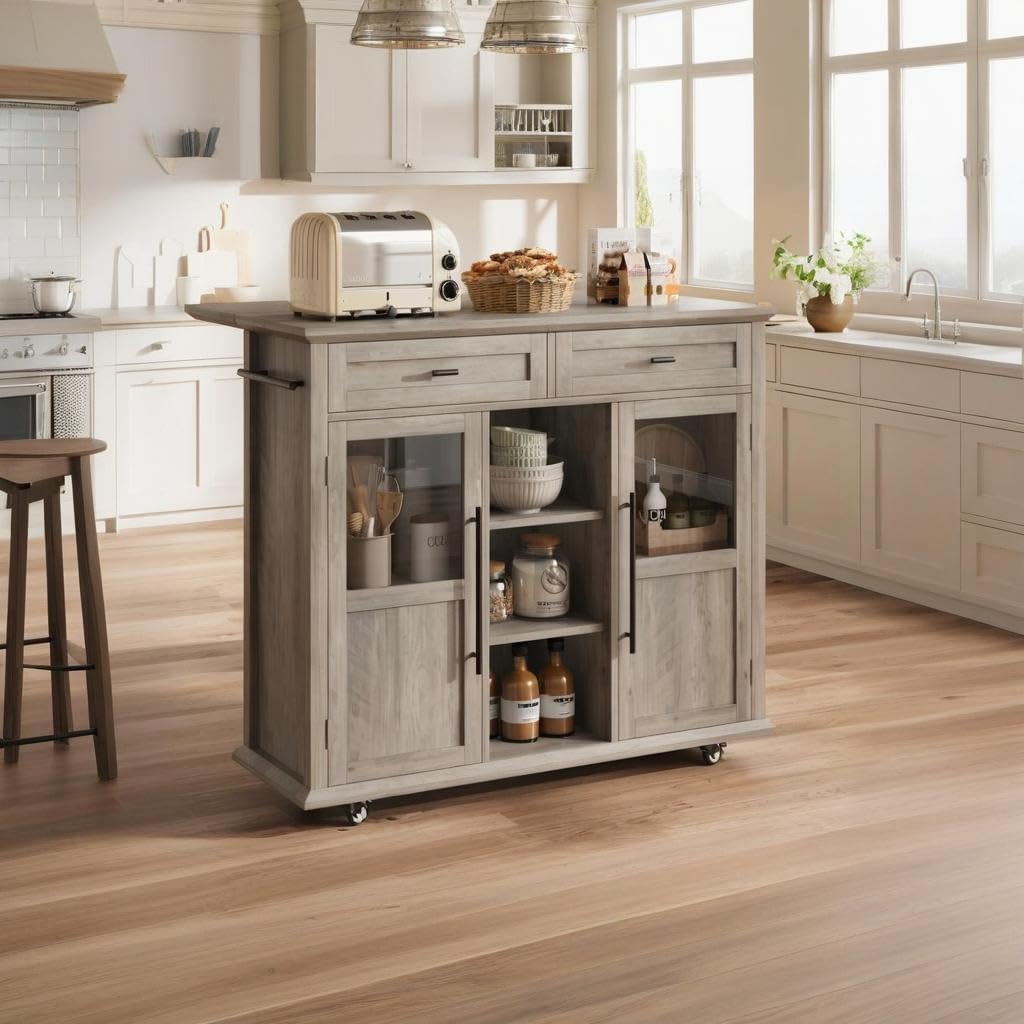 Mobile Modern Storage Island,Rolling Kitchen Island with Drop Leaf - Door Cabinet, Drawer, Bar Cart with Cabinet, Portable Cart Island Table for Kitchen,Grey