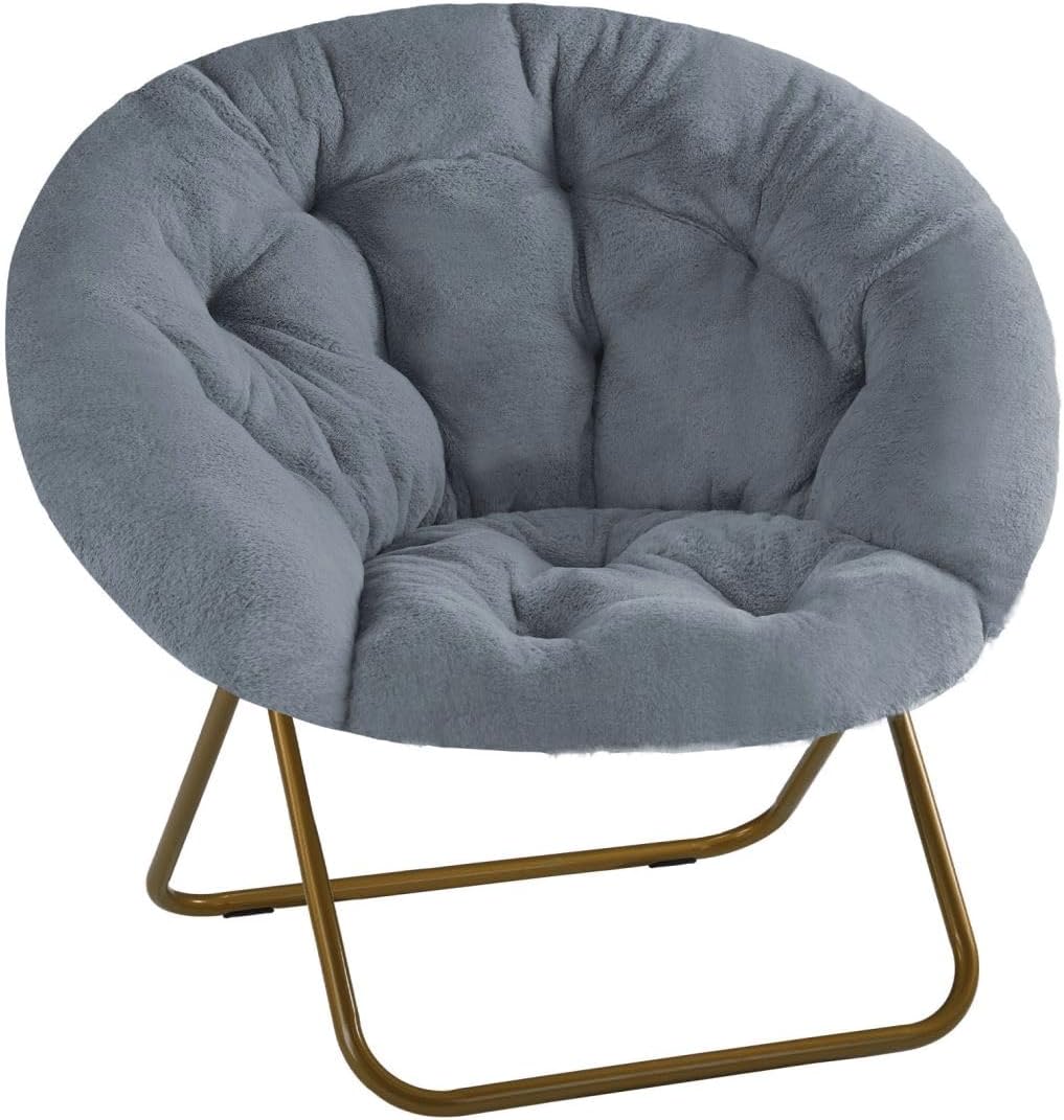 Comfortable Cozy Faux Fur Disc Chair Foldable Feature for Bedroom, Living Room and Dorm, Adult-Sized Relaxation, Grey