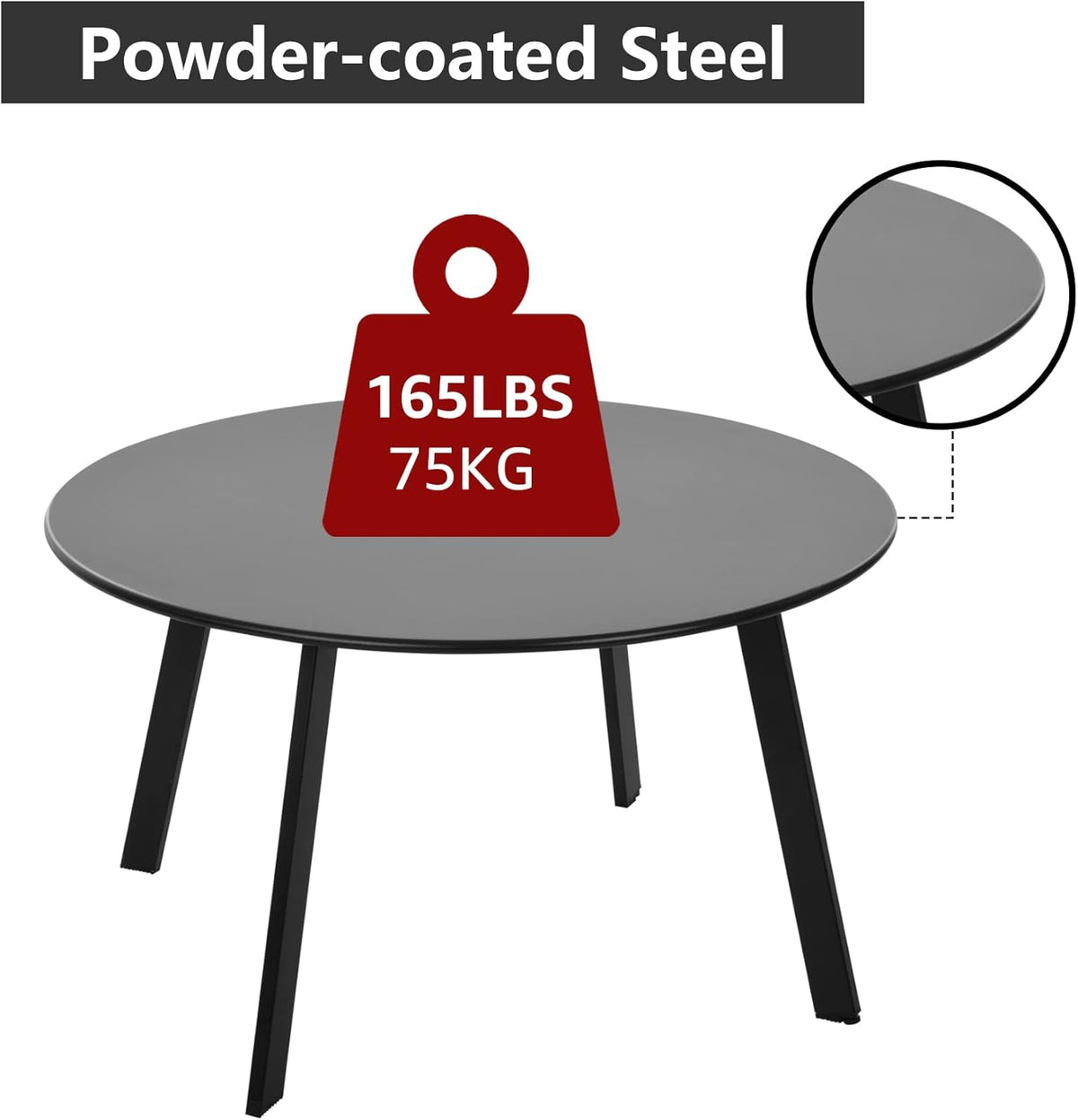 Outdoor Side Table, Outdoor/Indoor Metal Steel Patio Coffee Table, Round Weather Resistant Anti-Rust (Black)