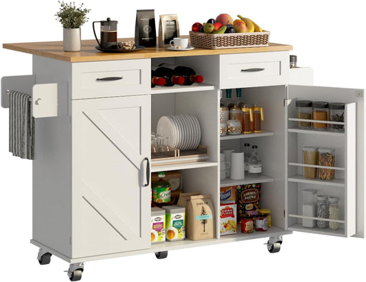 51.5'' Rolling Kitchen Island with Storage Cabinet & Drawers, Drop Leaf Kitchen Cart on Wheels, Farmhouse Portable Mobile Islands, Large Butcher Block Table with Tower/Spice Rack, White