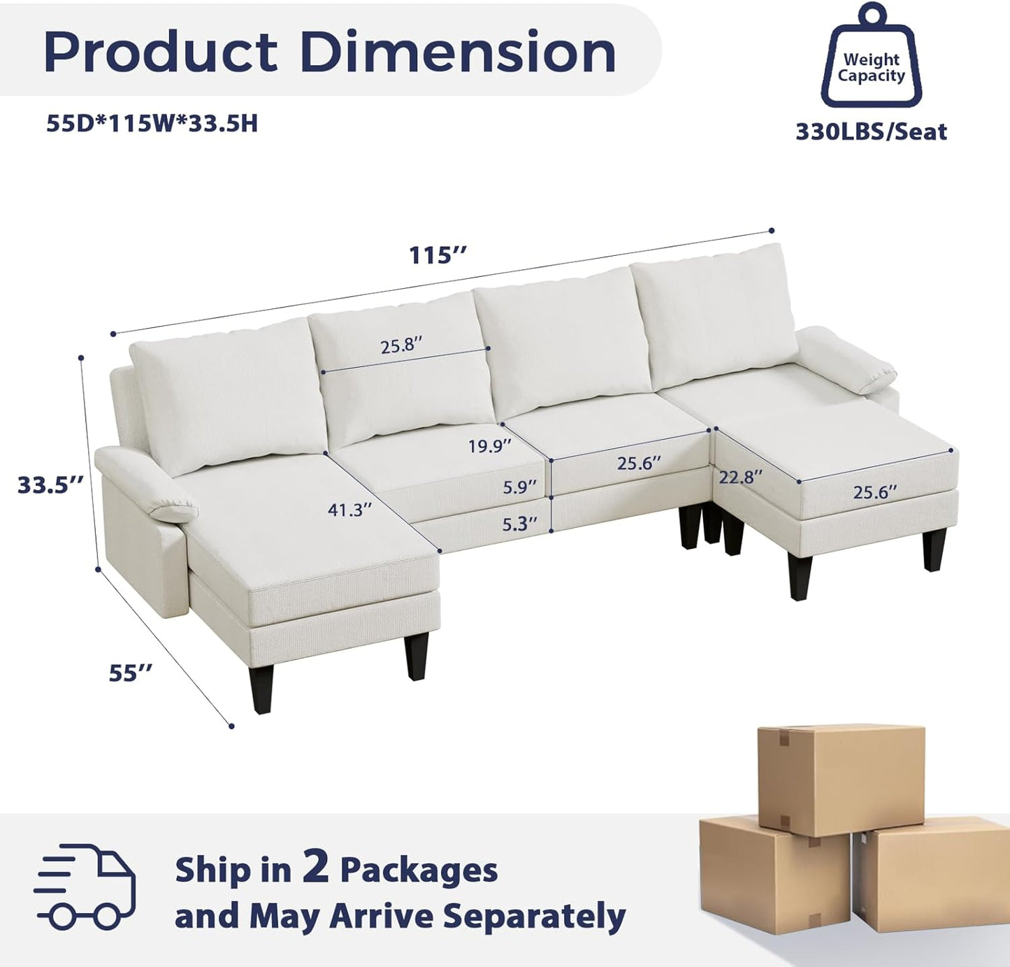 U Shaped Sectional Couch, Convertible Modular Sectional Sofa with Chaise & Ottomans, Modern 6 Seat U Shaped Couches for Living Room Apartment, Beige