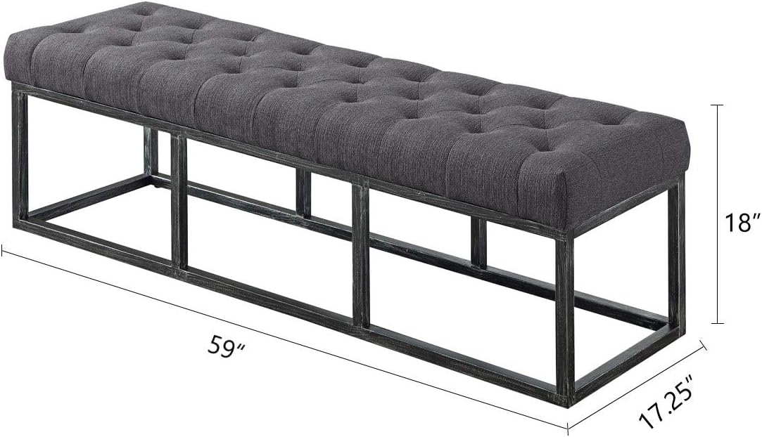 24KF Upholstered Tufted Long Bench with Metal Frame Leg, Linen Bench Ottoman with Padded Seat-Dark Gray