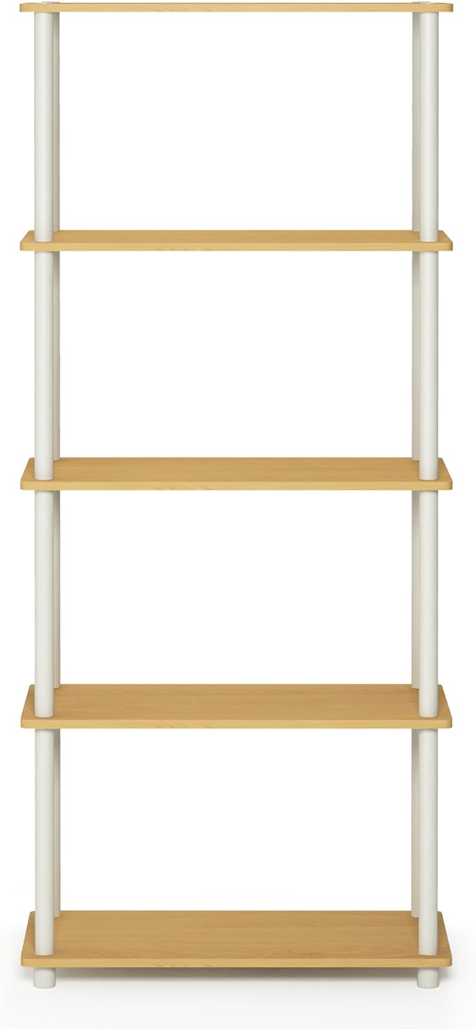 Furinno Turn-N-Tube 5-Tier Multipurpose Shelf / Display Rack / Storage Shelf / Bookshelf, Round Tubes, Beech/White
