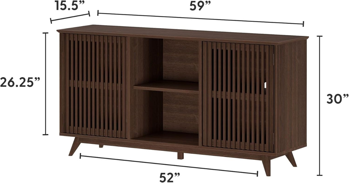 Plank+Beam Mid-Century Modern Wood TV Stand, Solid Wood Entertainment Console with Storage, 59" L x 16" W x 30" H, Walnut