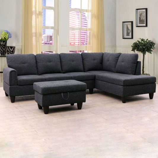 Black Grey L-Shaped 3-Piece Linen Sofa with Storage Ottoman Set, Sectional Couch Sofa Set for Living Room, Office, Small Space