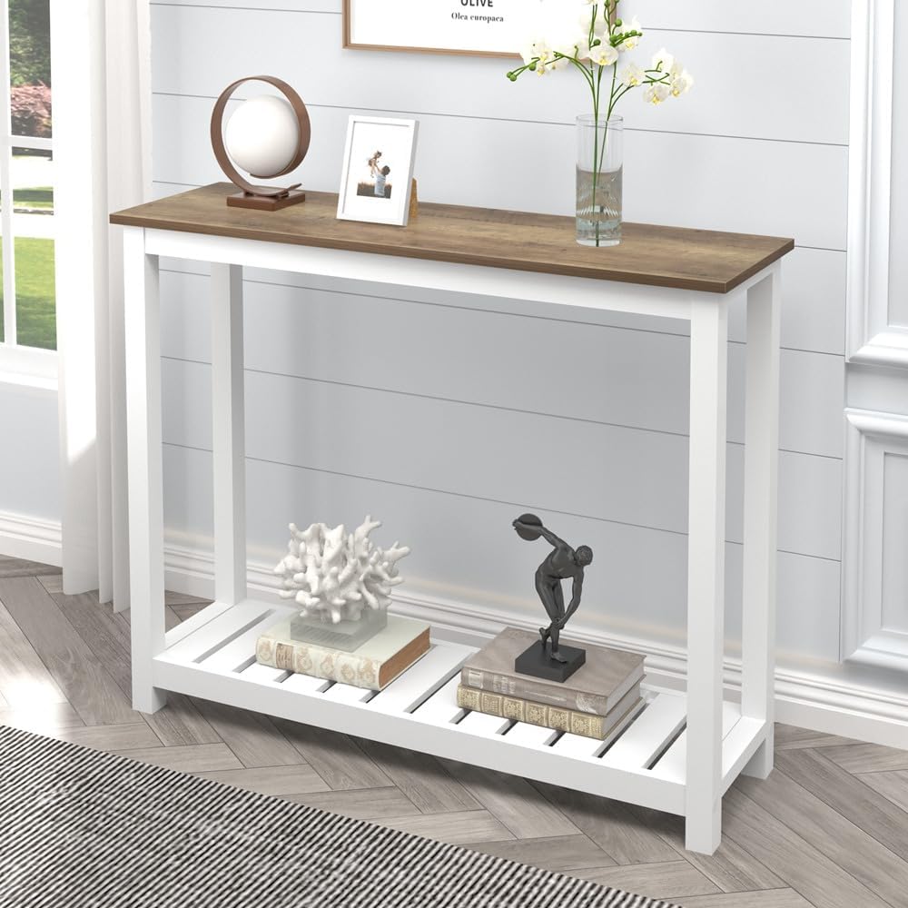 FOLUBAN Farmhouse Sofa Table, Rustic Vintage Console Table for Entryway, Living Room, Hallway, White