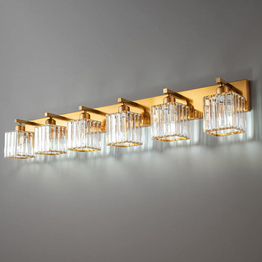 Modern 6-Light Gold Brushed Brass Finish Crystal Wall Light for Bathroom Vanity