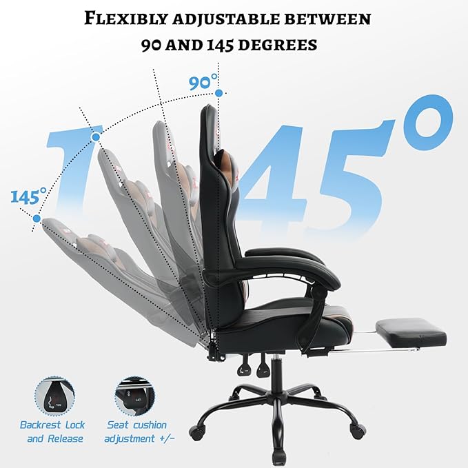 Ergonomic Gaming Chair with Footrest and Lumbar Massage, Racing Office Chair, High Back Computer Desk Chair with Headrest Pillow for Adults, Video Game Chair for PC Gamer (1001-Brown)