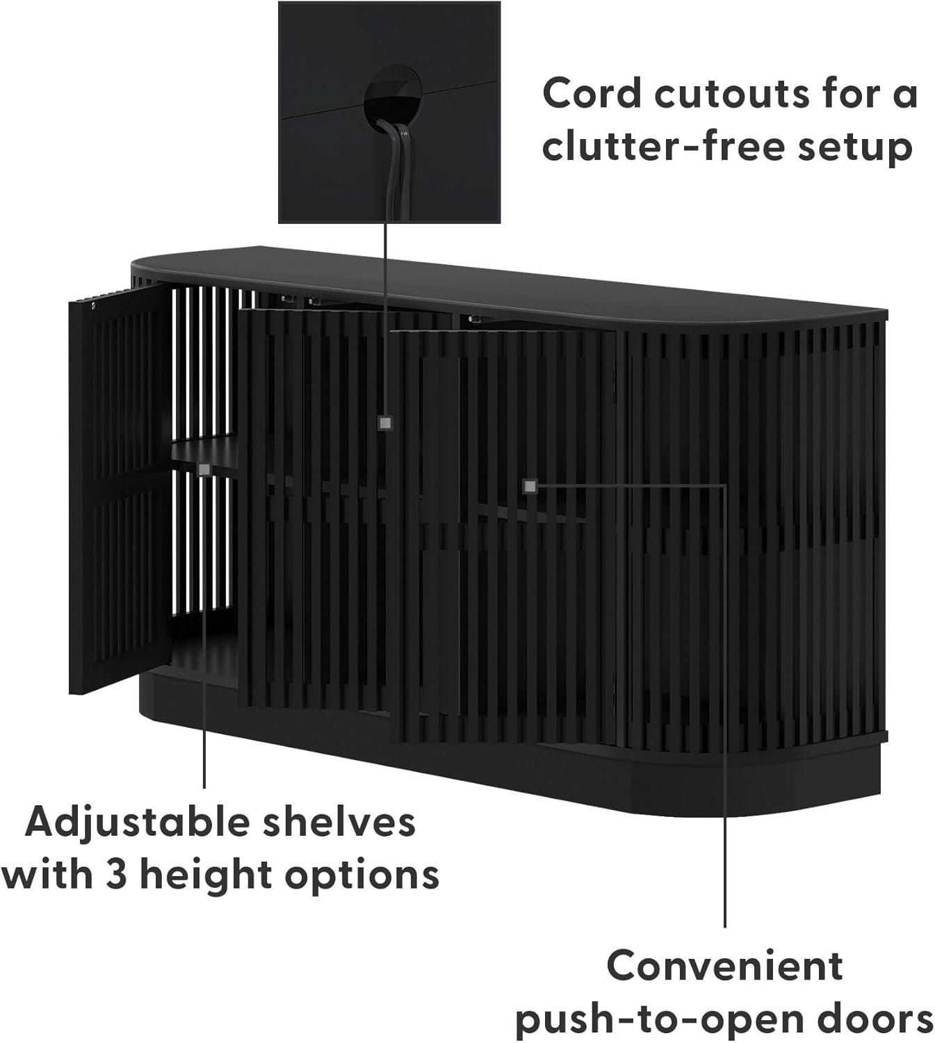 Plank+Beam Contour Wood TV Stand, Three Door Solid Wood Entertainment Console with Storage, 59" L x 16" W x 30" H, Black