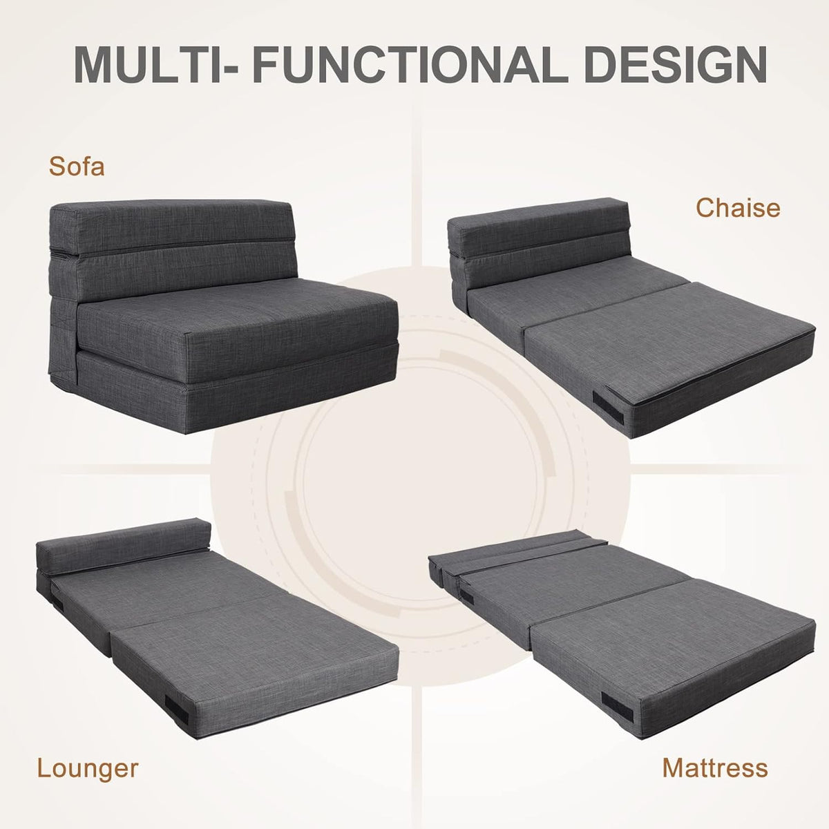 Queen Size Folding Sofa Couch Memory Foam with 2 Pillows Sleeper Chair Lazy Couch Triple Futon Convertible Guest Beds, Washable Cover,Dark Gray