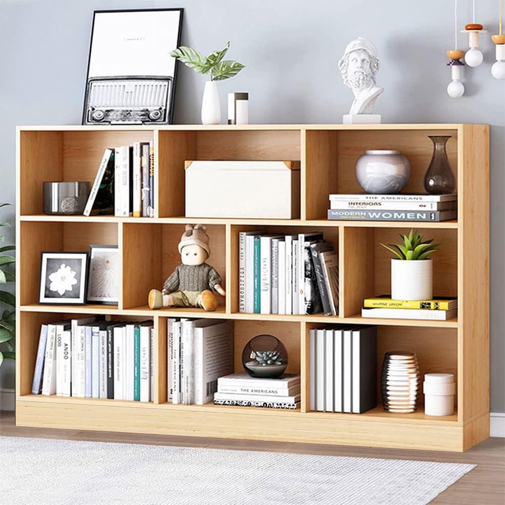 IOTXY Open Shelf Low Bookcase - Wooden 3-Tier Floor Standing Display Cabinet Organizer with Base, 10 Cubes Short Horizontal Bookshelf in Pear Yellow