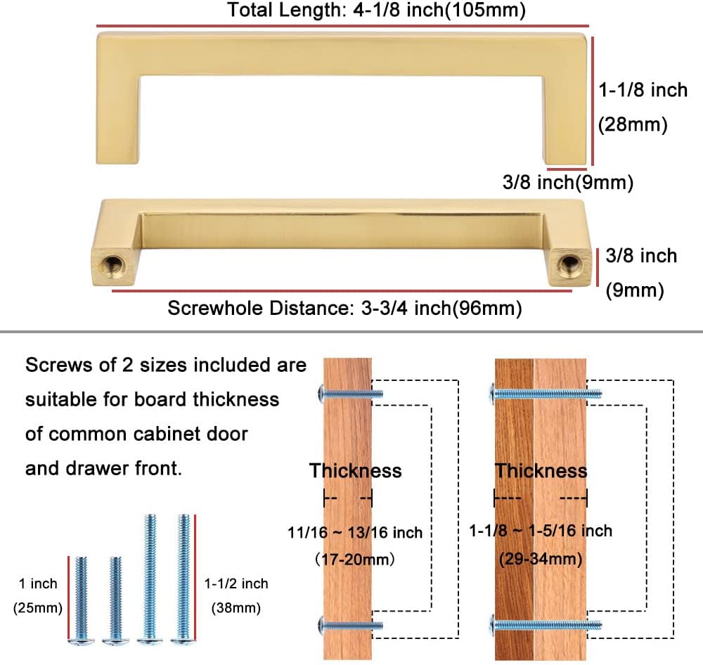 KOOFIZO Solid Square Bar Cabinet Handle - Brushed Gold Furniture Pull, 3.8 Inch/96mm Screwhole Distance, 10-Pack for Kitchen Cupboard Door, Bedroom Dresser Drawer, Bathroom Wardrobe Hardware