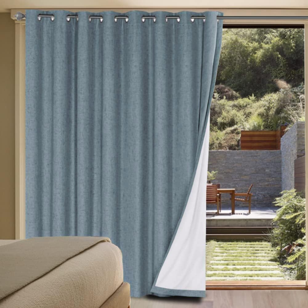 H.VERSAILTEX Linen Blackout Curtains Durable Thick Textured Linen Look 100% Blackout Patio Door Curtain Anti Rust Grommet Extra Wide Sliding Door Curtain Panel, W100 x L96 inch - Stone Blue