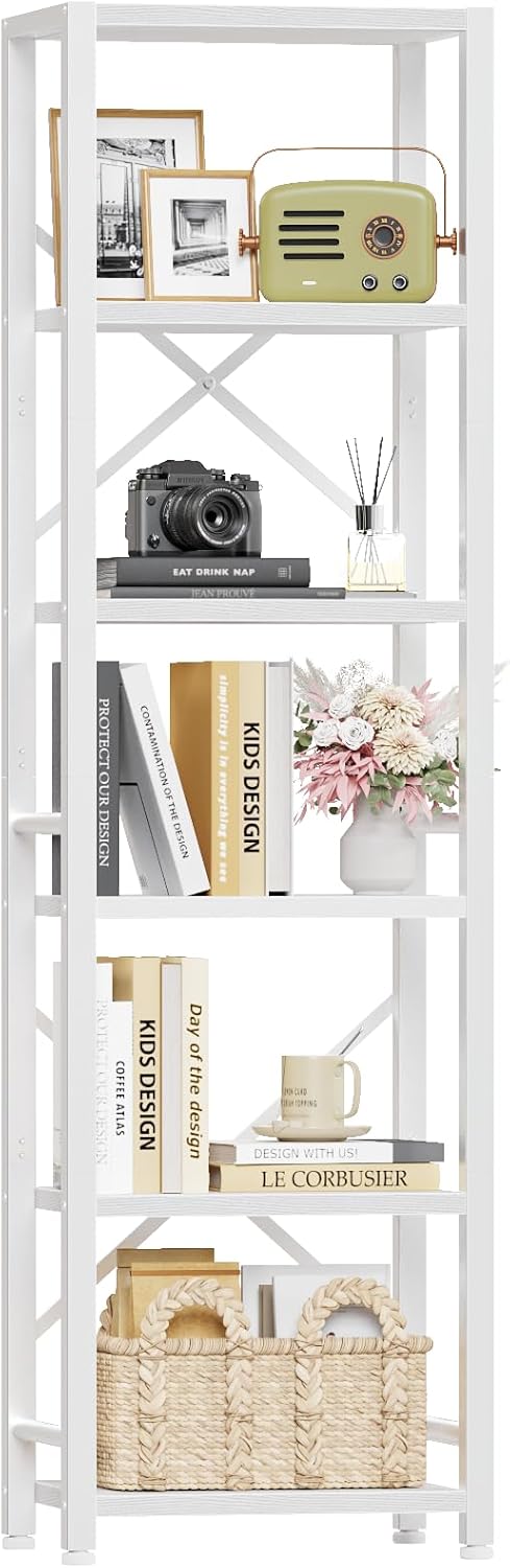 Furologee White Bookshelf 6 Tier Tall Narrow Bookcase, Modern Display Standing Shelf Unit, Metal and Wooden Storage Corner Shelves Organizer for Bedroom, Living Room, Office, Bathroom