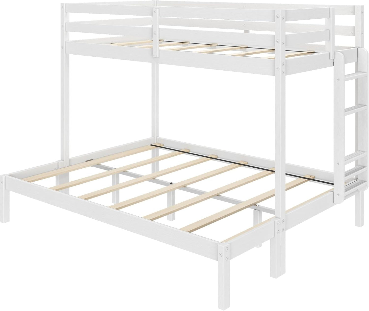 Grain & Grove Bear Twin XL Over Queen Bunk Bed, Sturdy Bunk Bed Frame for Kids, Plywood Bunk with Ladder, Guardrail, and Slats, No Box Spring Required, Brushed White