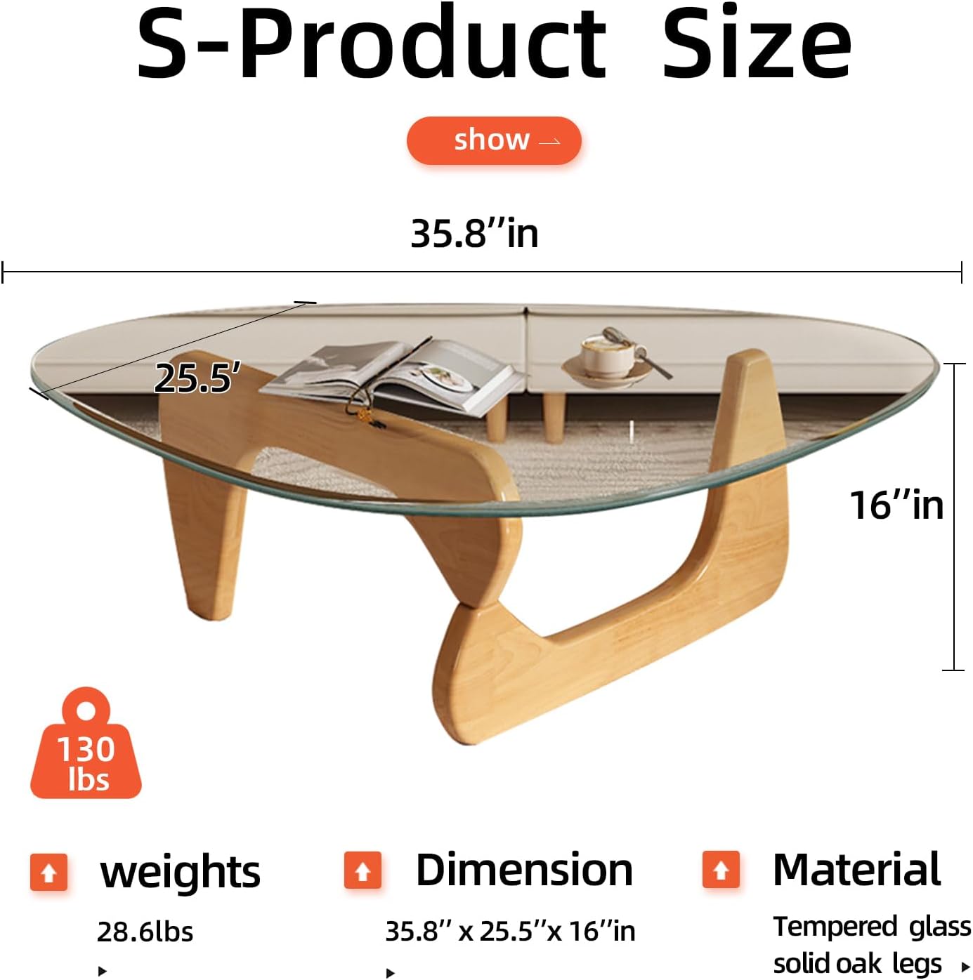Mid Century Modern Glass Coffee Table, Small Coffee Table for Living Room, Elegant and Functional Coffee Tables, Suitable for Bedroom Living Room Reception Office Tables（Wood/Transparent，Medium）