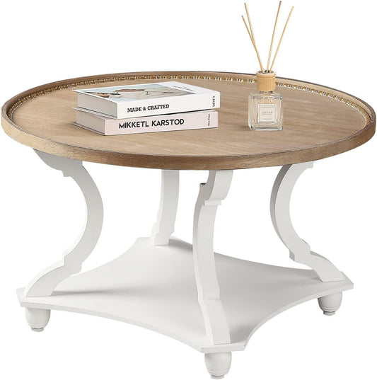 Wnutrees Farmhouse Round Coffee Table, Wood Tray Top Circle Coffee Table with Storage Shelf Rustic Style for Living Room and Vintage Finish, White