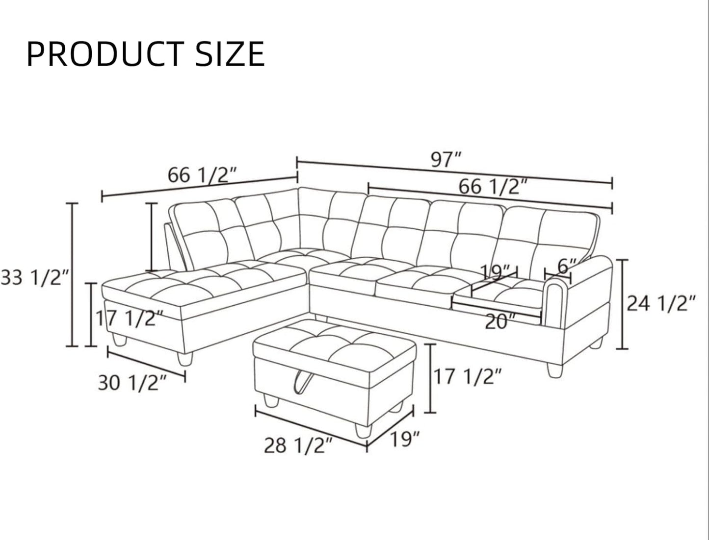 L Shaped Sectional Couches, Lounge Modular Sectional Sofa for Living Room Bedroom Furniture, Comfortable 4 Seat Couch with Ottoman Storage & Chaise, Grey