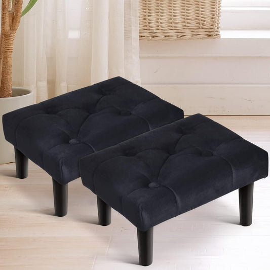 HOUCHICS Small Footstool Ottoman,Velvet Soft Footrest Ottoman with Wood Legs,Sofa Footrest Extra Seating for Living Room Entryway Office(Black 2PACK)