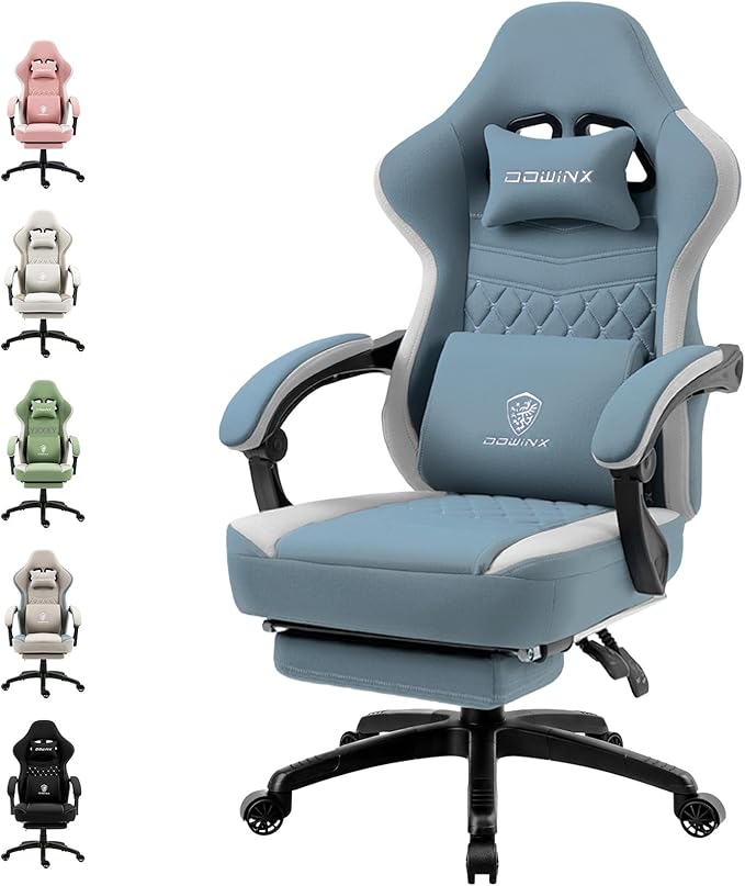 Dowinx Gaming Chair Breathable Fabric Game Chair with Gel Pad and Storage Bag, Comfortable Gamer Chair with Pocket Spring Cushion,Ergonomic Computer Chair with Footrest,Blue