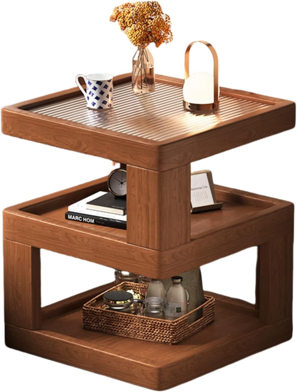 Solid Wood Nightstand,End Tables Bedroom Small Shelf Modern Nightstand Wood Side Table (GLASS-21.3 * 15.8 * 15.8)